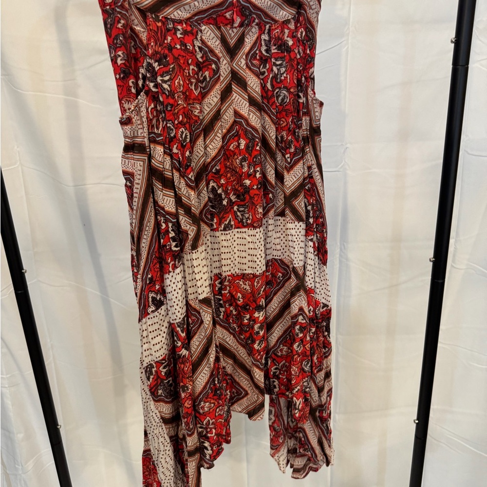Free People Red and Cream Asymmetrical Patchwork Midi Skirt - Picture 4 of 5